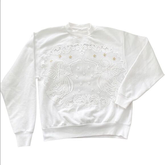 Vintage Lace Appliqué Christmas Angel Sweatshirt Crewneck White Gold Stars - Picture 1 of 4